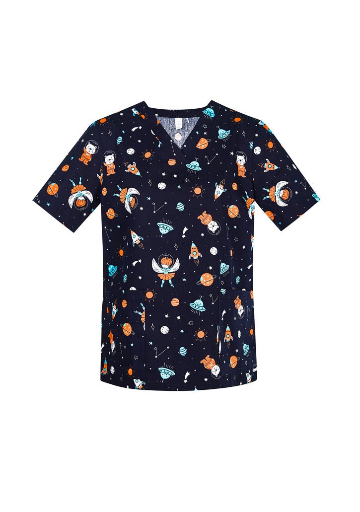 BIZ CARE WOMENS SPACE PARTY SCRUB TOP CST148LS - Icon Tshirts