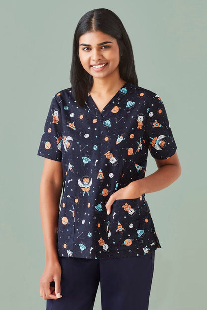 BIZ CARE WOMENS SPACE PARTY SCRUB TOP CST148LS - Icon Tshirts