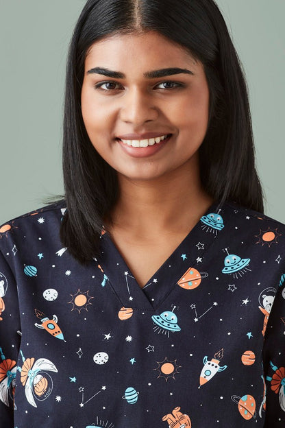 BIZ CARE WOMENS SPACE PARTY SCRUB TOP CST148LS - Icon Tshirts