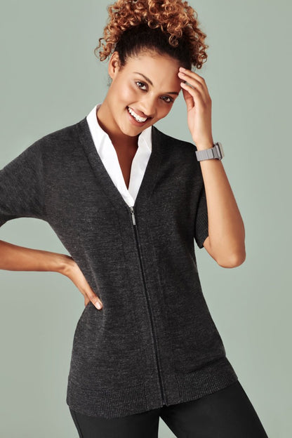 BIZ CARE WOMENS ZIP FRONT SHORT SLEEVE KNIT CK962LC - Icon Tshirts