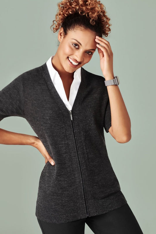 BIZ CARE WOMENS ZIP FRONT SHORT SLEEVE KNIT CK962LC - Icon Tshirts