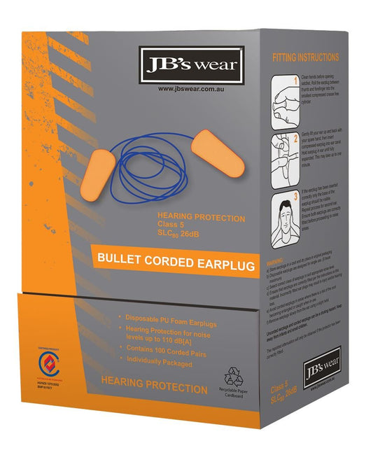 JB's Wear BULLET SHAPED CORDED EARPLUG (100 PAIR) 8P001 - Icon Tshirts