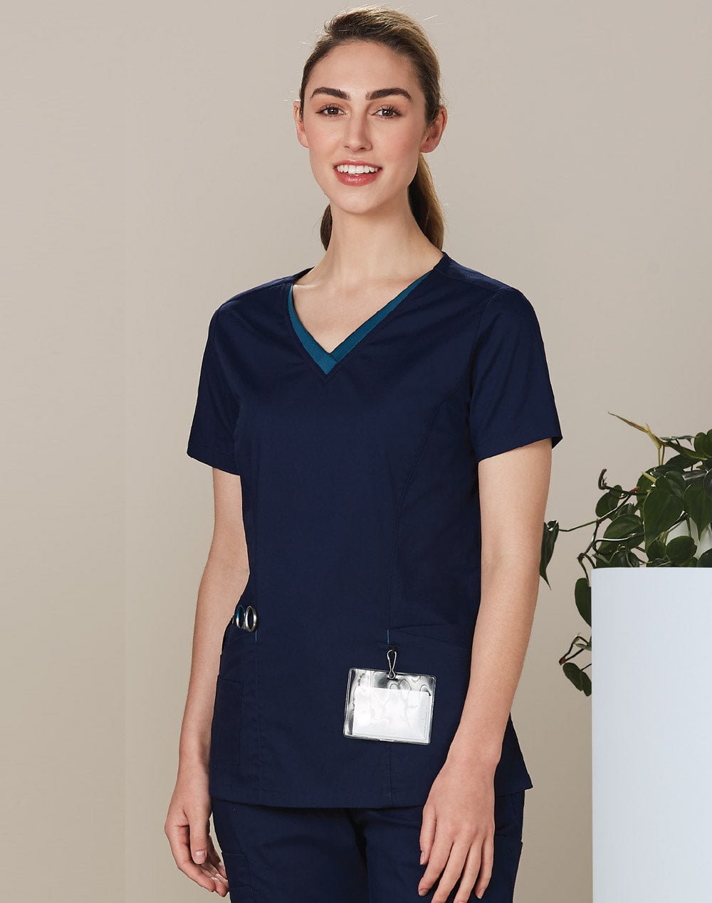 M7660 LADIES V-NECK CONTRAST TRIM SCRUB TOP - Icon Tshirts